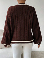 Women's Cable Knit V Neck Sweater with Contrast Trim Relaxed Fit Design