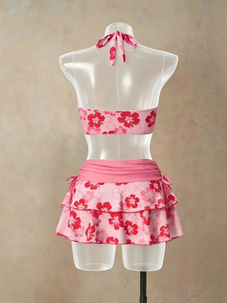 Vibrant Pink Floral Halter Bikini Set with Wide Banded Top