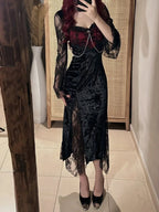 Elegant Gothic Lace Maxi Dress with Dark Alternative Evening Aesthetic
