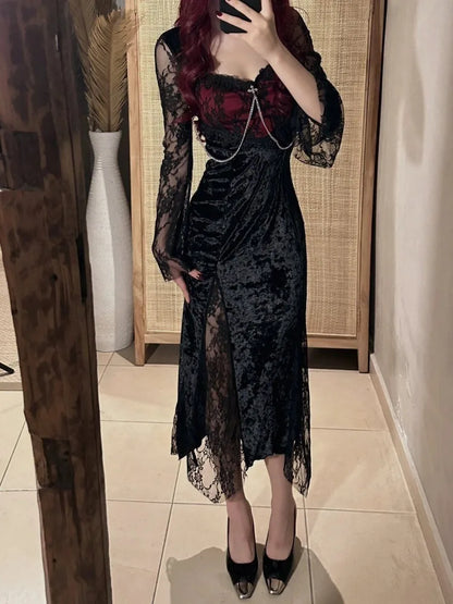 Elegant Gothic Lace Maxi Dress with Dark Alternative Evening Aesthetic