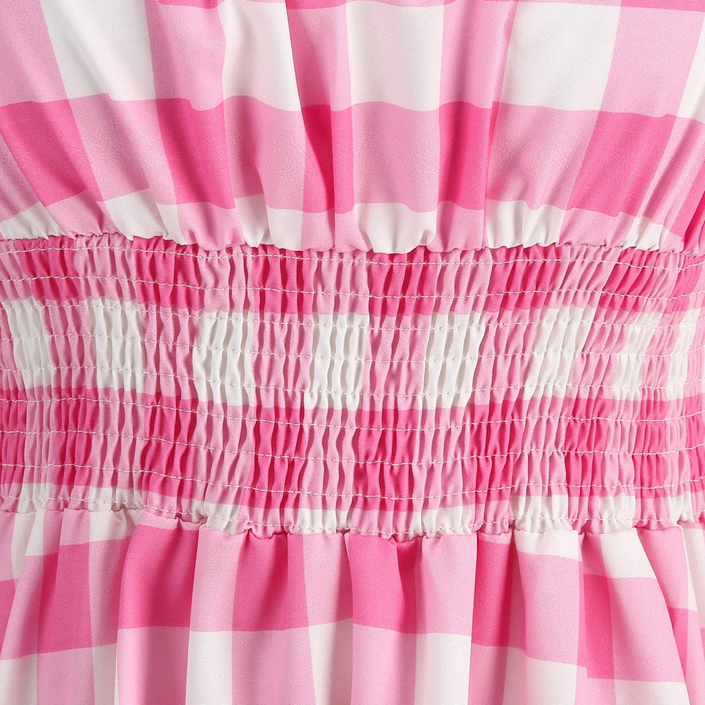 Vintage-Inspired Pink Polka Dot A-Line Dress with Ruffled Straps and Smocked Bodice