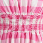 Vintage-Inspired Pink Polka Dot A-Line Dress with Ruffled Straps and Smocked Bodice