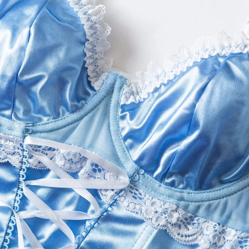 Light Blue Satin Longline Lingerie Set with Lace-Up Detailing and Ruffled Garters