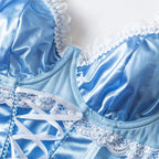 Light Blue Satin Longline Lingerie Set with Lace-Up Detailing and Ruffled Garters