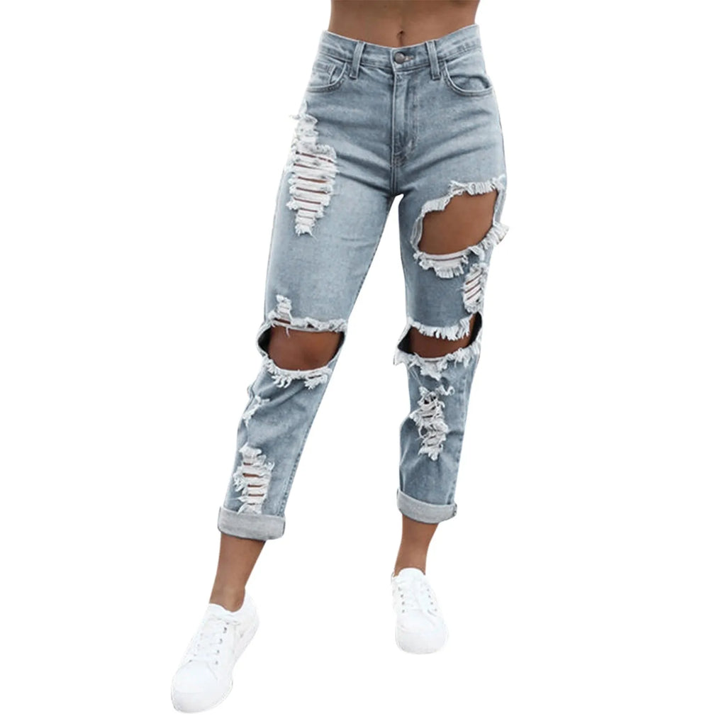 Women's Distressed Straight Leg Denim Jeans with Frayed Ripped Details and Relaxed Fit