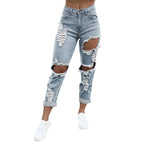 Women's Distressed Straight Leg Denim Jeans with Frayed Ripped Details and Relaxed Fit