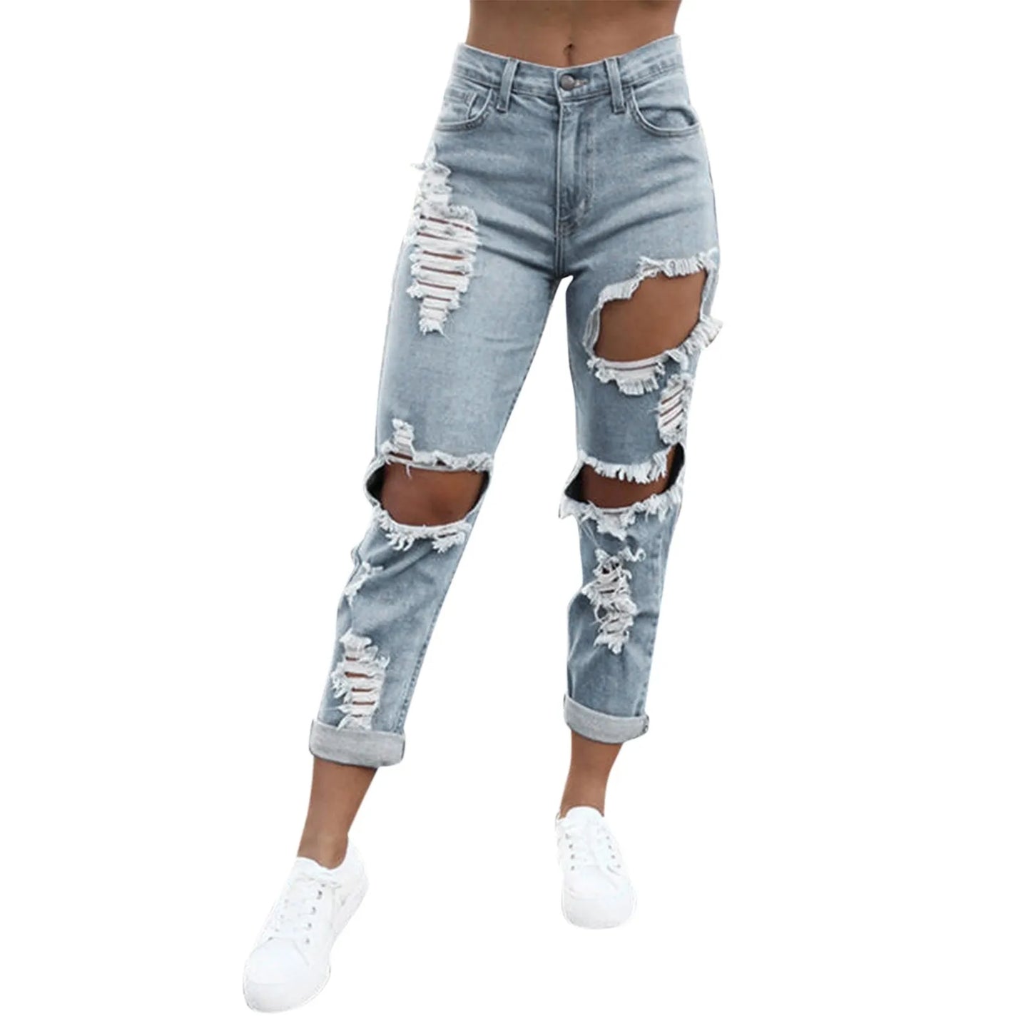 Women's Distressed Straight Leg Denim Jeans with Frayed Ripped Details and Relaxed Fit