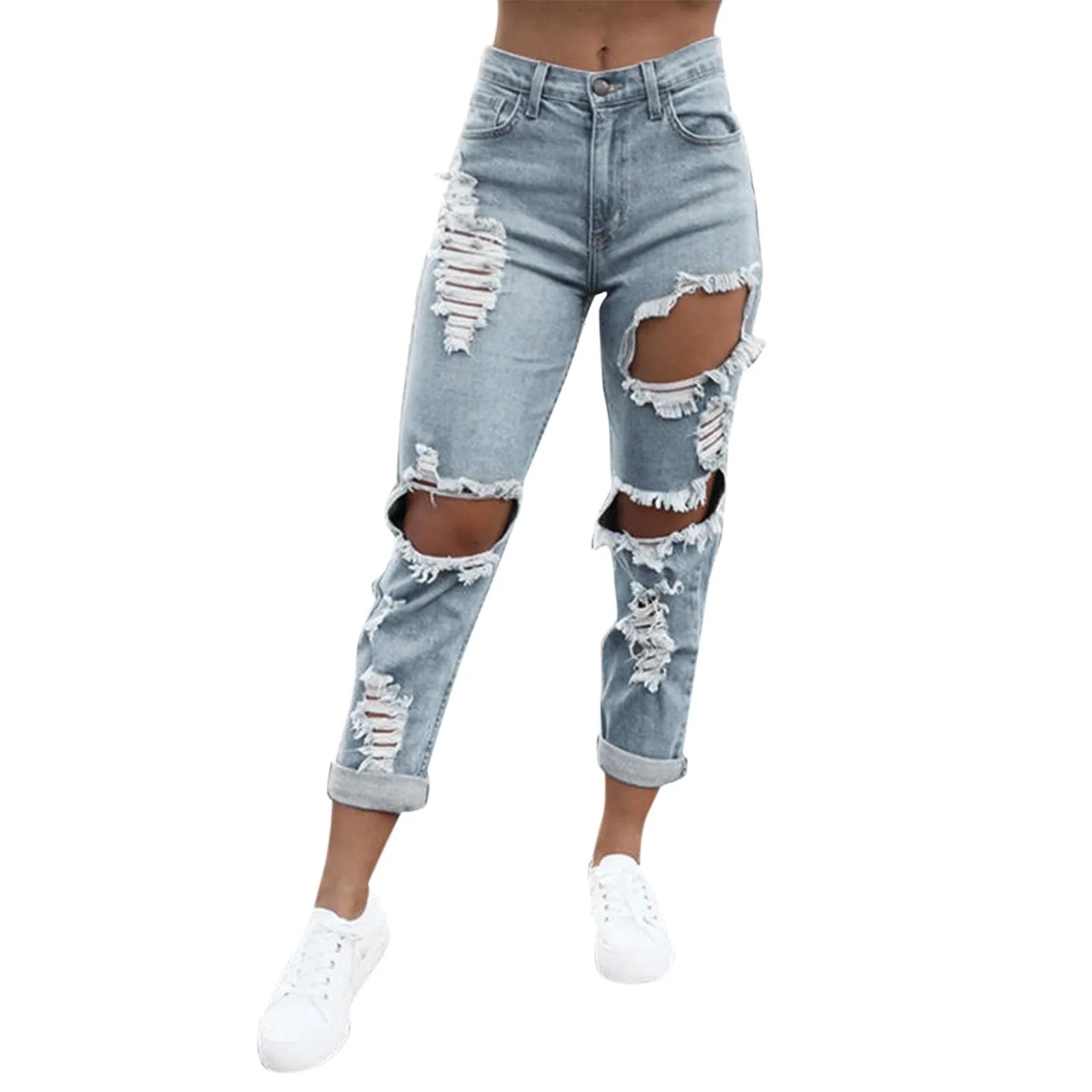 Women's Distressed Straight Leg Denim Jeans with Frayed Ripped Details and Relaxed Fit