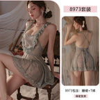 Romantic Sheer Black Floral Lace Ruffled Babydoll Dress