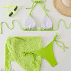 Bright Turquoise Three-Piece String Bikini Set with Matching Tie Sarong