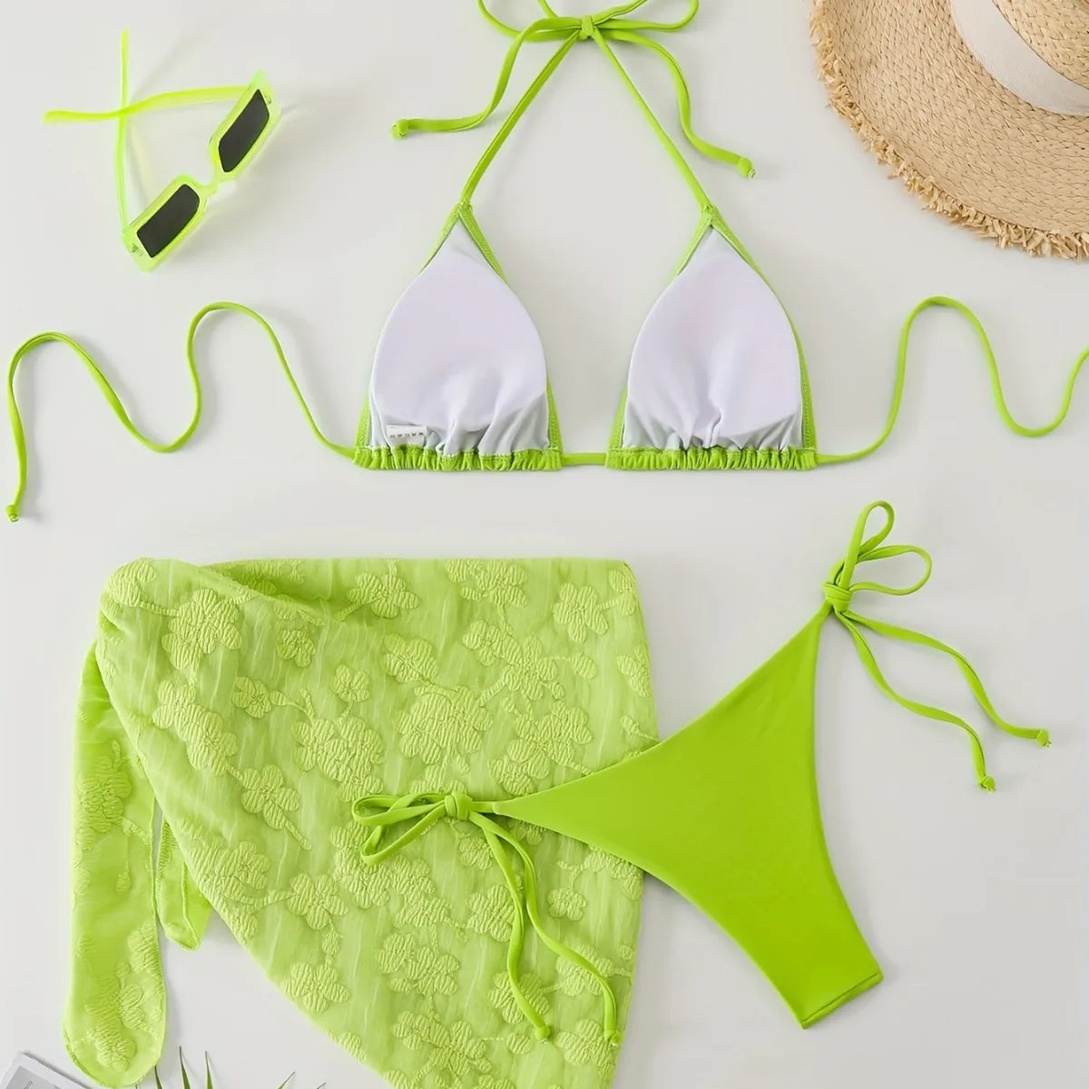 Bright Turquoise Three-Piece String Bikini Set with Matching Tie Sarong