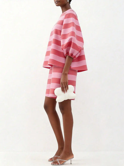 Women's Striped Puff Sleeve Co-Ord Set with Relaxed Top and Shorts