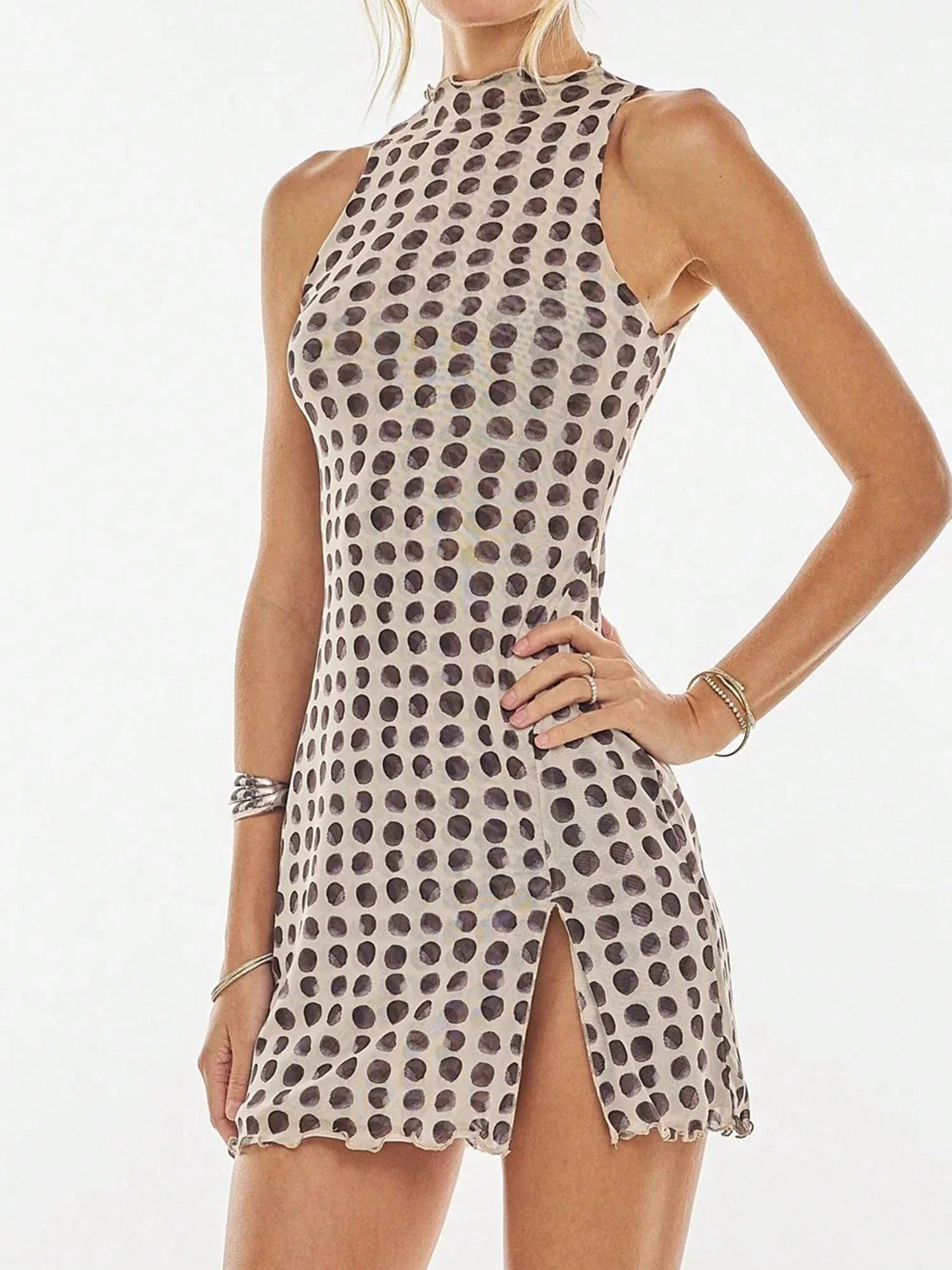 High Neck Sleeveless Bodycon Mini Dress with Patterned Texture and Side Slit