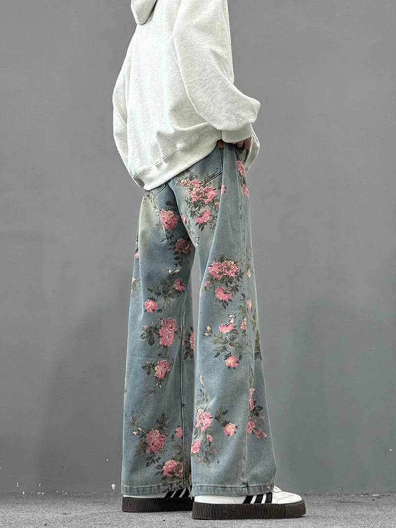 Unisex Floral Print Wide Leg Denim Jeans with Relaxed Streetwear Straight Leg Fit