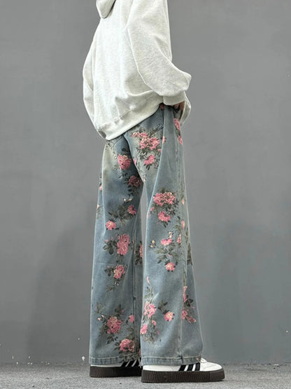 Unisex Floral Print Wide Leg Denim Jeans with Relaxed Streetwear Straight Leg Fit
