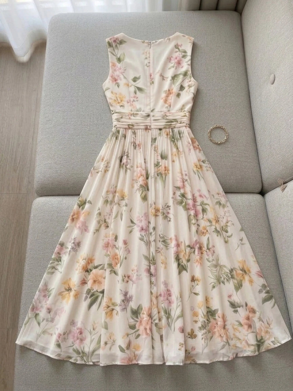 Romantic Pastel Floral Wrap-Style Midi Dress with Pleated A-Line Skirt