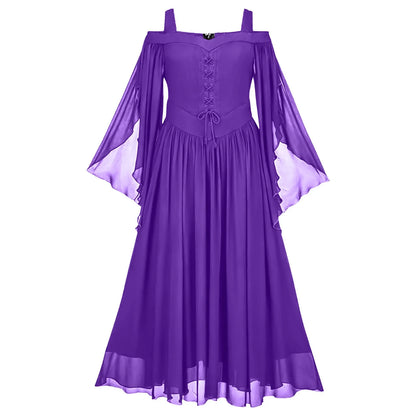 Elegant Gothic Chiffon Maxi Dress with Flowing Bell Sleeves