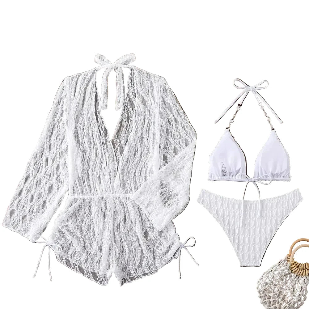 Crisp White Three-Piece String Bikini Set with Sheer Lace Long-Sleeve Cover-Up