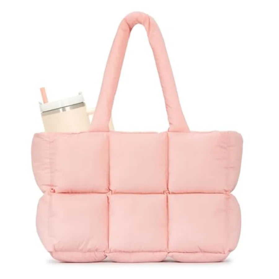 Large Quilted Puffer Tote Shoulder Bag with Utility Storage Compartments