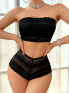 Allover Floral Lace Strapless Bandeau Bralette and Boyshort Set