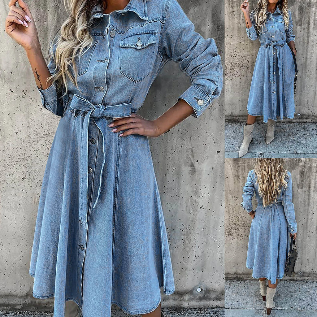 Button Front Denim Midi Dress with Belted Waist and Long Sleeves