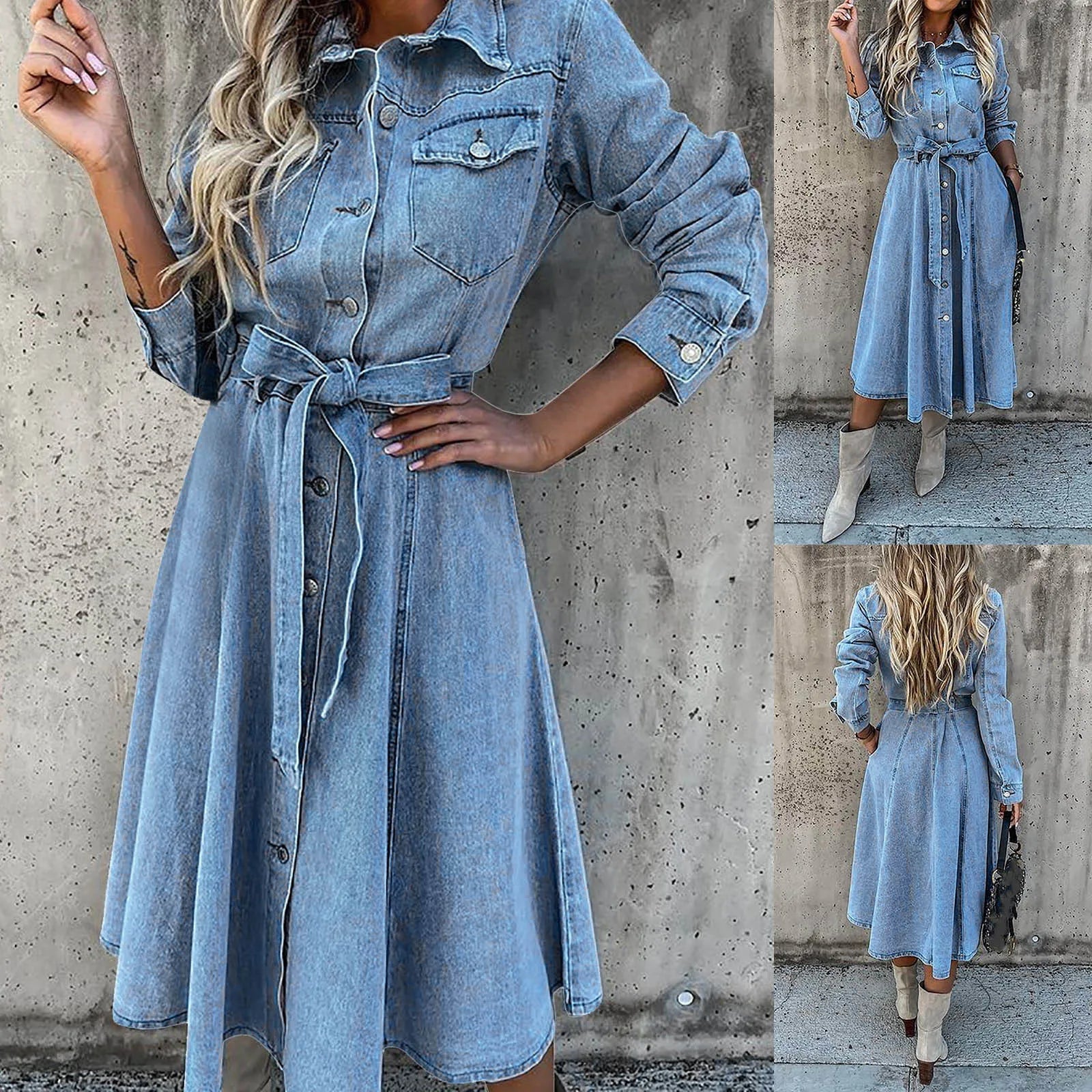 Button Front Denim Midi Dress with Belted Waist and Long Sleeves