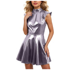 Glossy Sleeveless Mock Neck Mini Dress With Structured Flared A-Line Silhouette