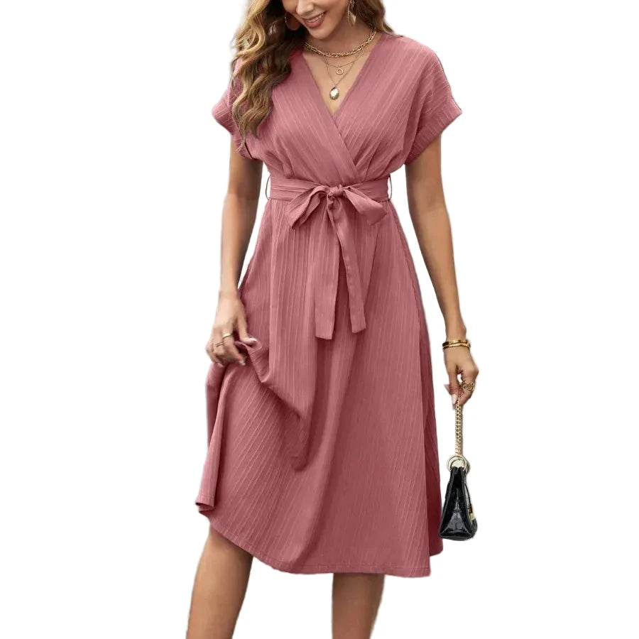 Dusty Rose Wrap-Style Midi Dress with Short Sleeves and Tie Waist