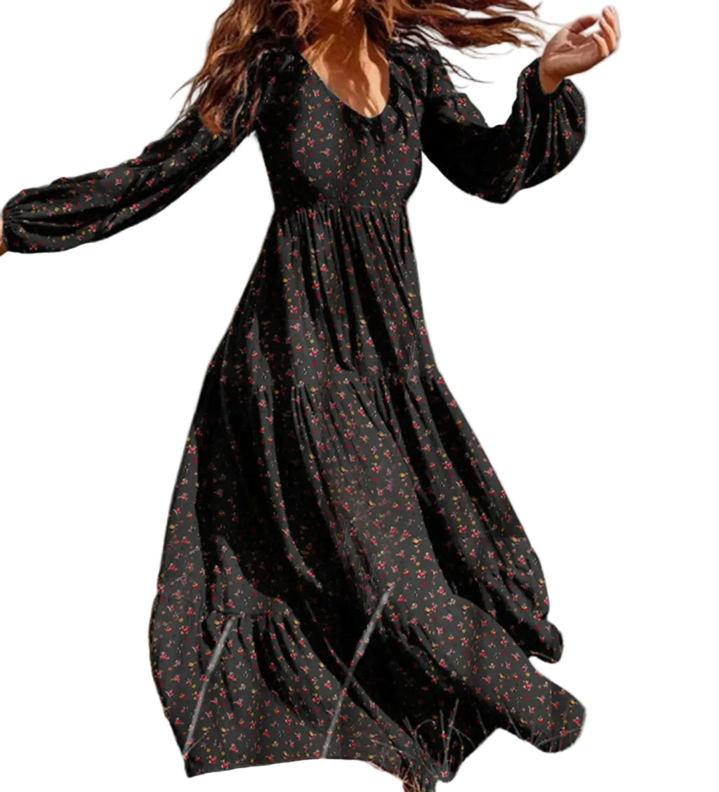 Flowing Bohemian Floral Maxi Dress with Tiered Skirt and Voluminous Sleeves