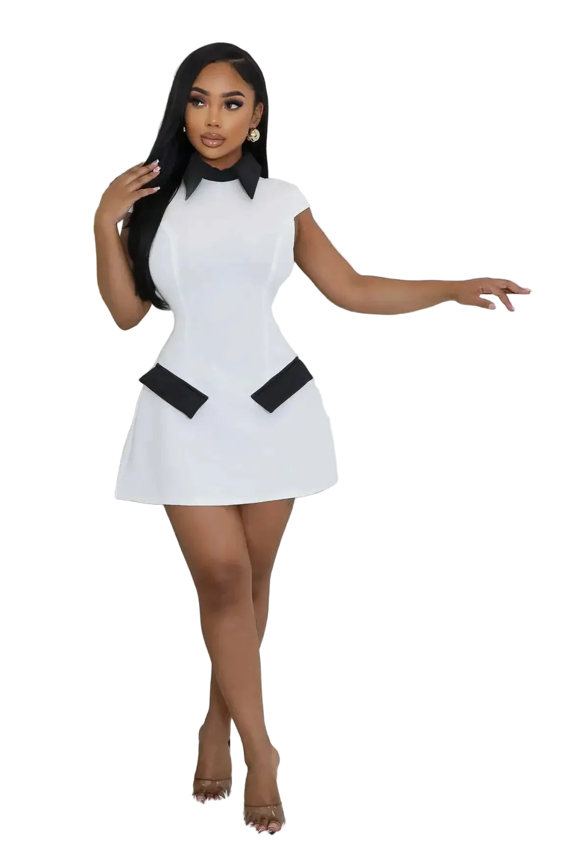 Color Block Collared Mini Dress with Tailored Straight Fit and Pocket Detail