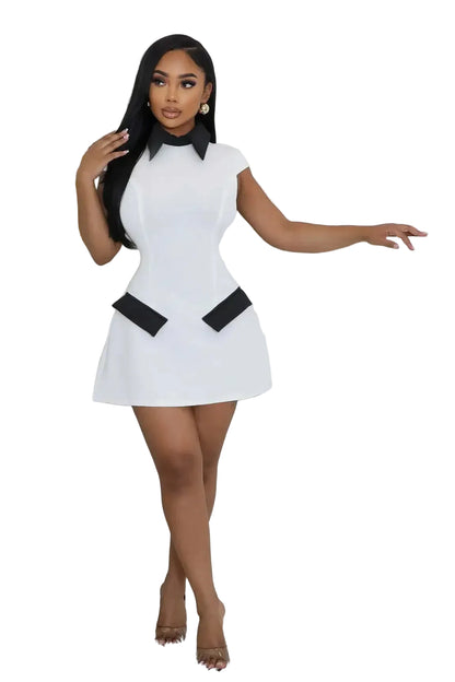 Color Block Collared Mini Dress with Tailored Straight Fit and Pocket Detail
