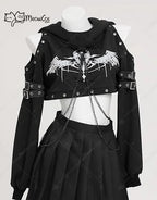 Women's Gothic Cropped Hooded Sweatshirt with Chain Details and Long Sleeve Streetwear Design