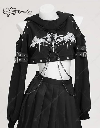 Women's Gothic Cropped Hooded Sweatshirt with Chain Details and Long Sleeve Streetwear Design