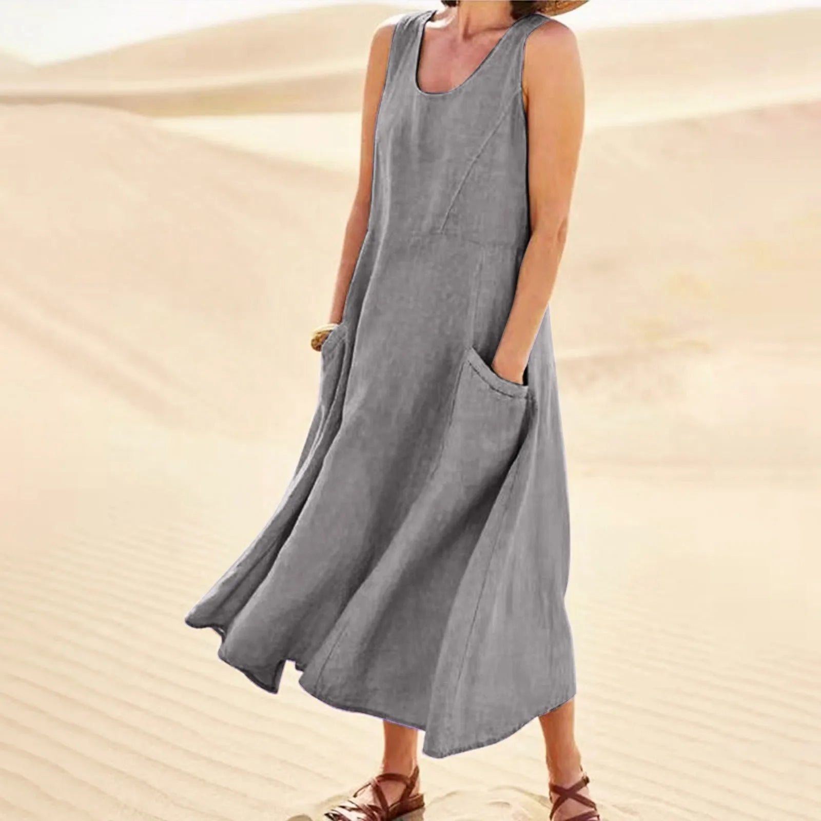 Relaxed Sleeveless Tank Maxi Dress with Pockets and Flowy Silhouette