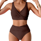Chocolate Brown Crossover Bralette Swim Set with High-Waisted Bottoms