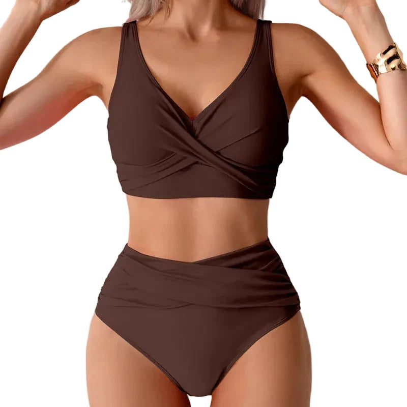 Chocolate Brown Crossover Bralette Swim Set with High-Waisted Bottoms