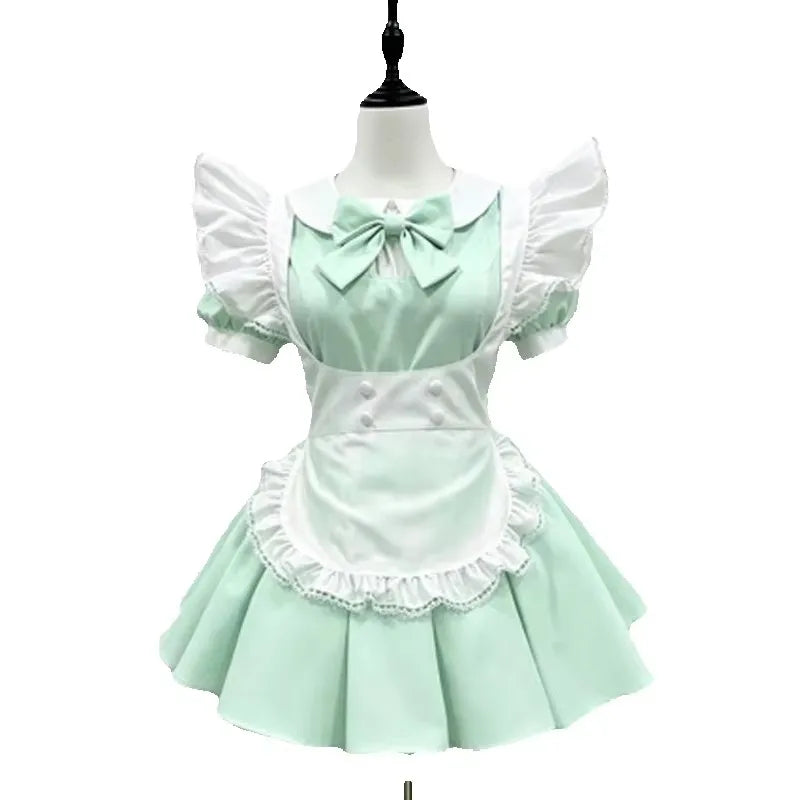 Pastel Color-Block Lolita Maid Dress with Pleated Skirt and Ruffled Apron