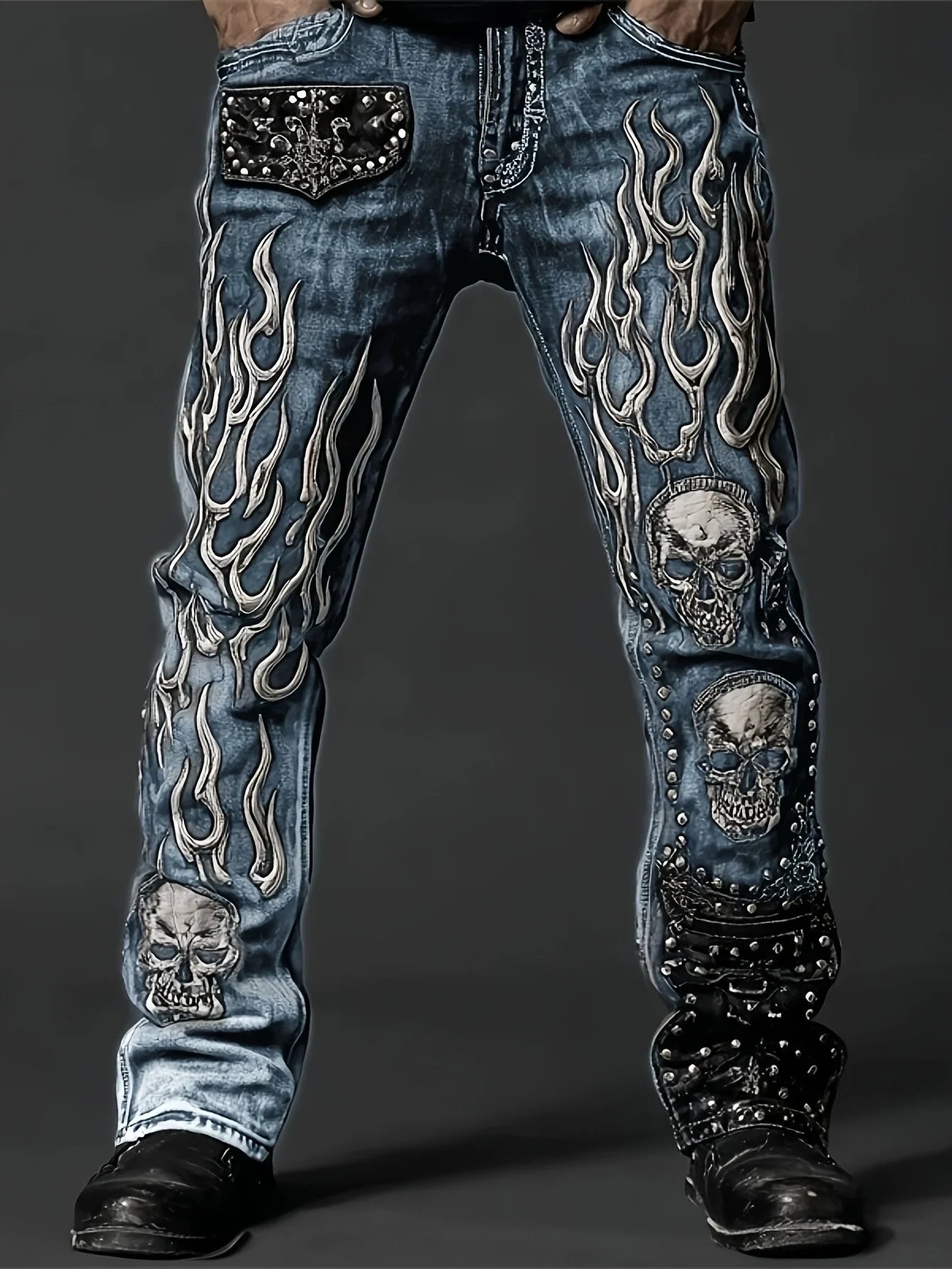 Men's Vintage Wash Loose Denim Jeans with Studded Graphic Detail High Street Fashion Style