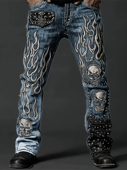 Men's Vintage Wash Loose Denim Jeans with Studded Graphic Detail High Street Fashion Style