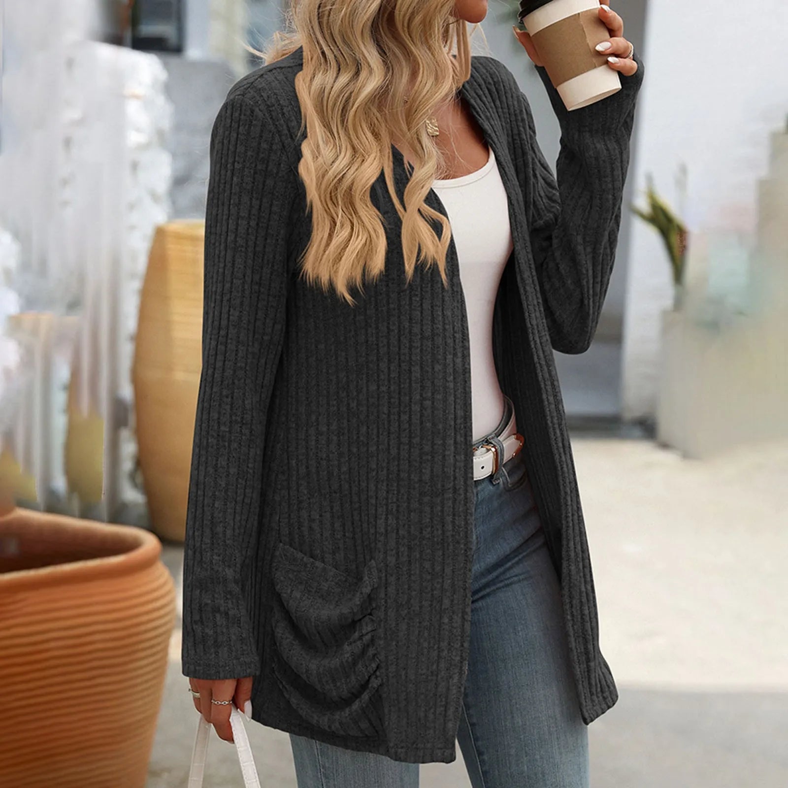 Women's Open Front Knit Cardigan with Pockets and Relaxed Longline Fit