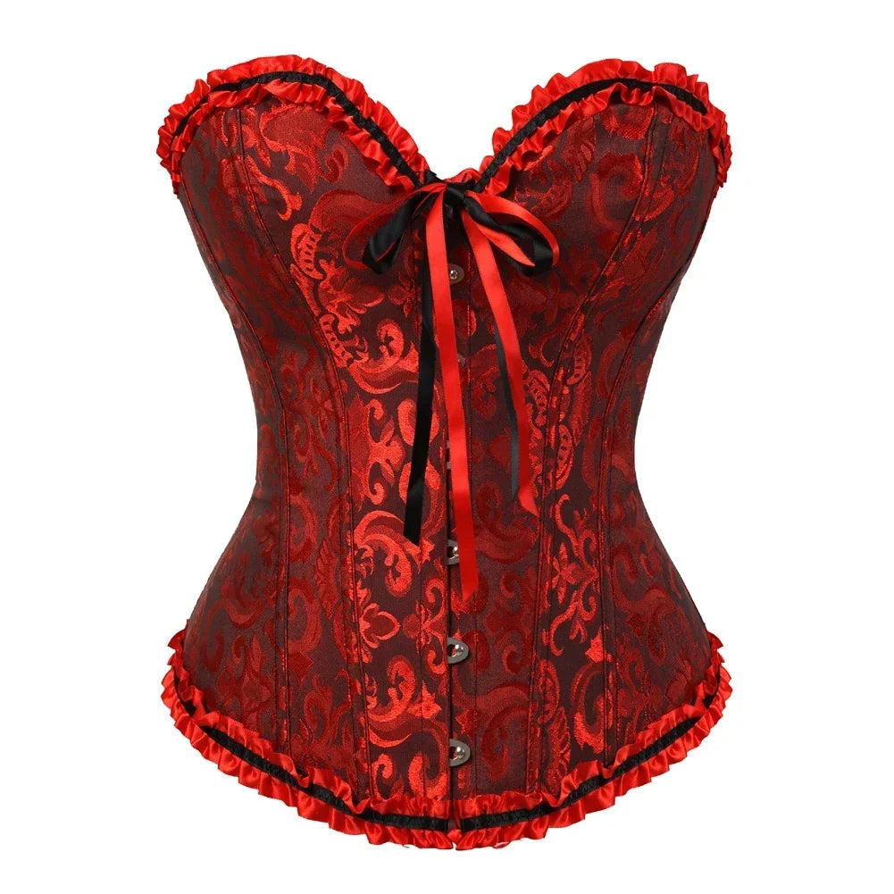 Floral Lace Overbust Corset with Structured Boning and Decorative Bow Detail