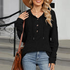 Women's Ribbed Knit Hooded Sweater with Relaxed Fit for Cozy Everyday Layering
