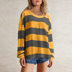 Women's Relaxed Striped Knit Pullover with Long Sleeves for Casual Everyday Streetwear Style