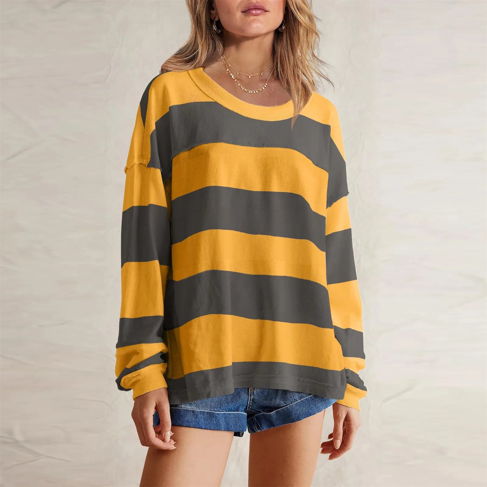 Women's Relaxed Striped Knit Pullover with Long Sleeves for Casual Everyday Streetwear Style
