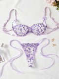 Ethereal Lavender Floral Embroidery Sheer Underwire Lingerie Set