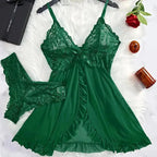 Sheer Black Mesh Split-Front Babydoll Set with Floral Lace Bodice