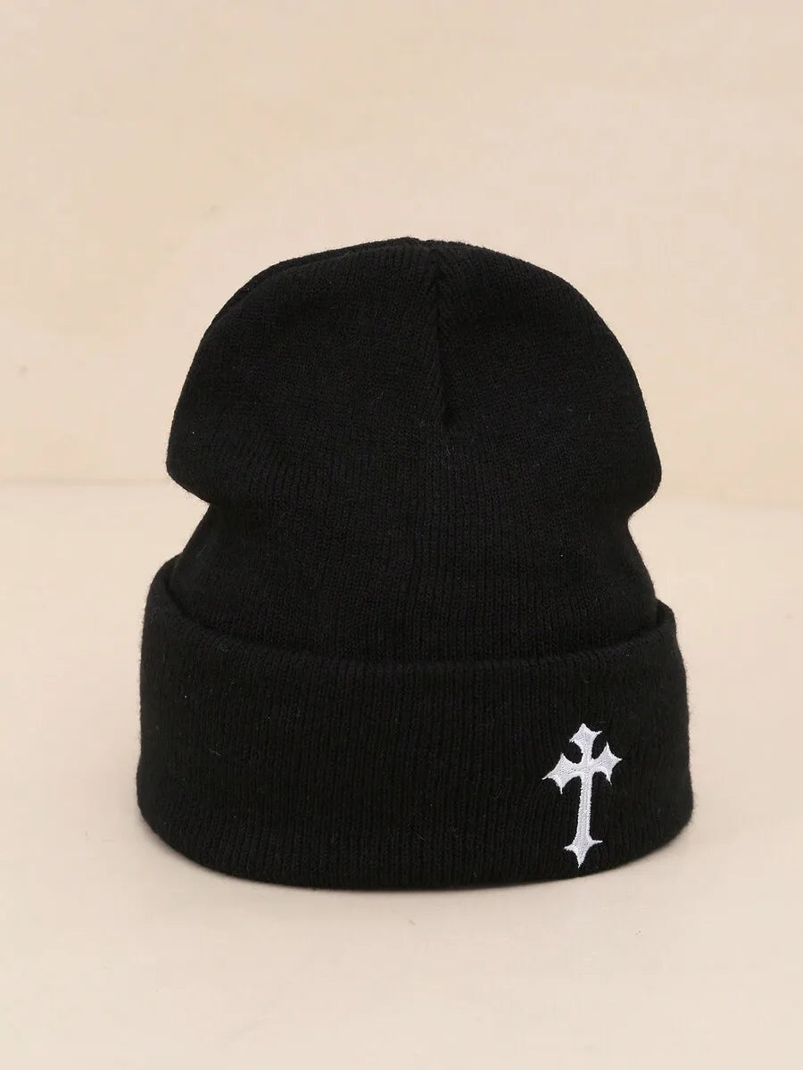 Minimalist Embroidered Cross Acrylic Knit Beanie for Modern Streetwear Winter Casual Fashion Style