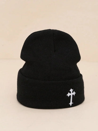Minimalist Embroidered Cross Acrylic Knit Beanie for Modern Streetwear Winter Casual Fashion Style