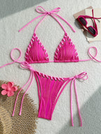Textured Cream Triangle String Bikini with Shell-Inspired Embellishments