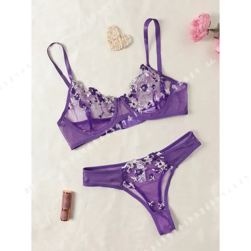 Ethereal Violet Sheer Mesh and Floral Embroidered Underwire Bra Set
